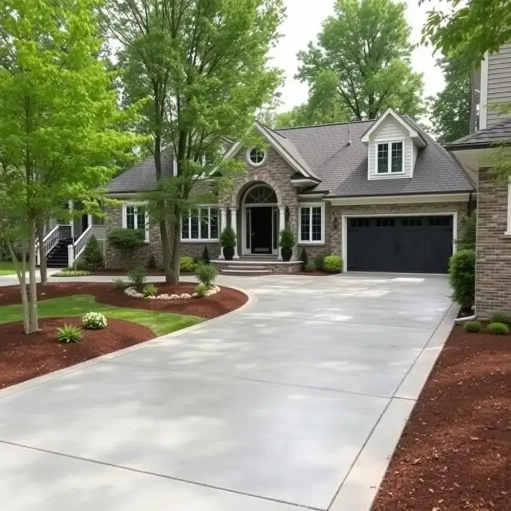 Smooth, newly poured concrete driveway leading to a modern New Jersey home