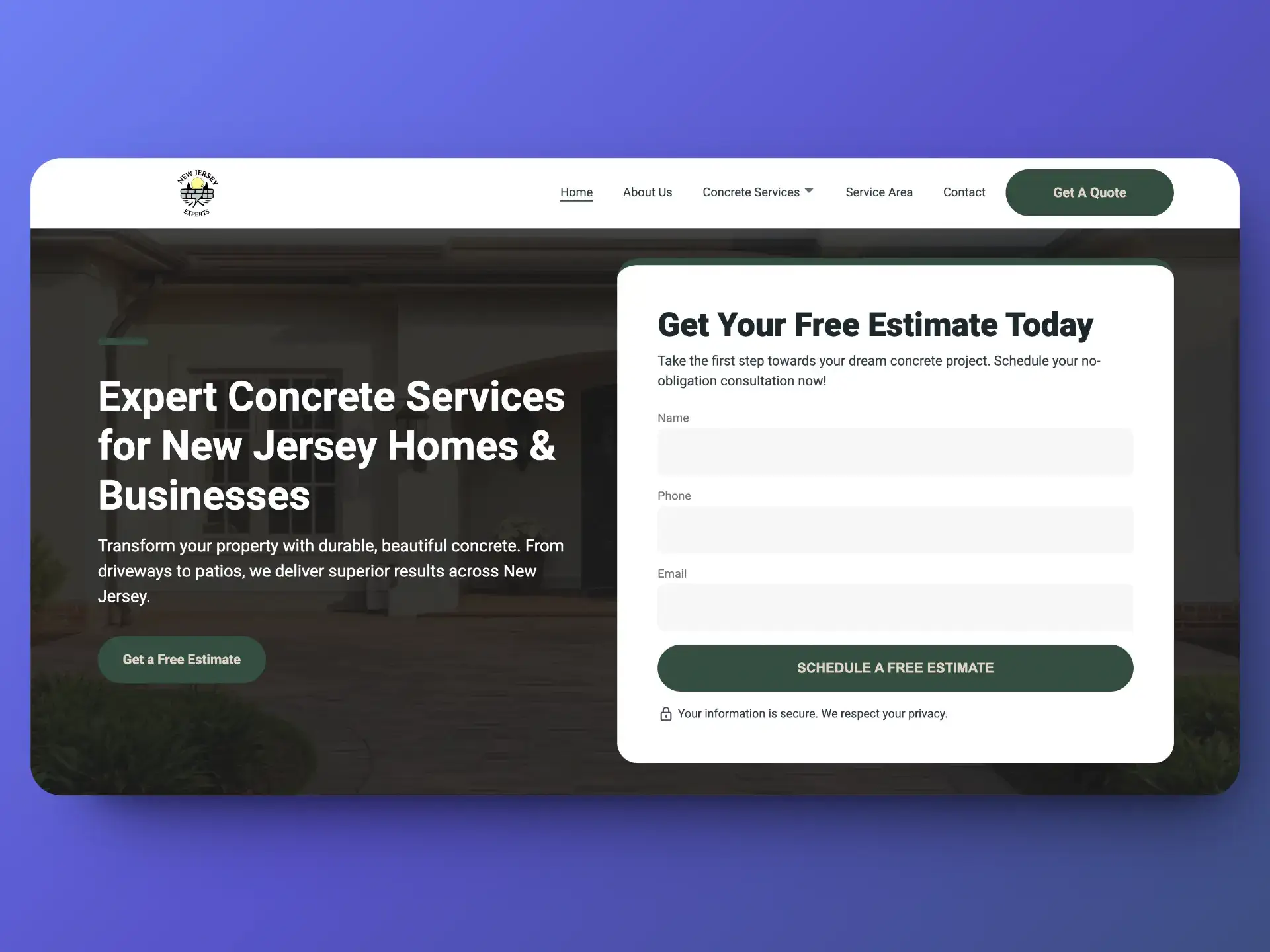 NJ Concrete Experts website design template showcasing a modern layout for general contractors